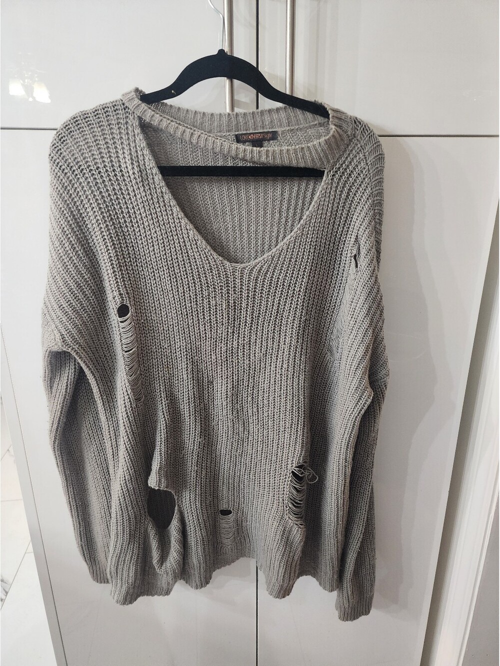Love at First Sight Women's Large Gray Distressed Knit Sweater